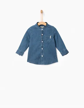 Baby boy embroidered back Mao collar denim shirt.