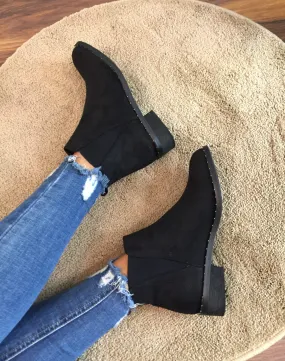 Black faux suede ankle boots.