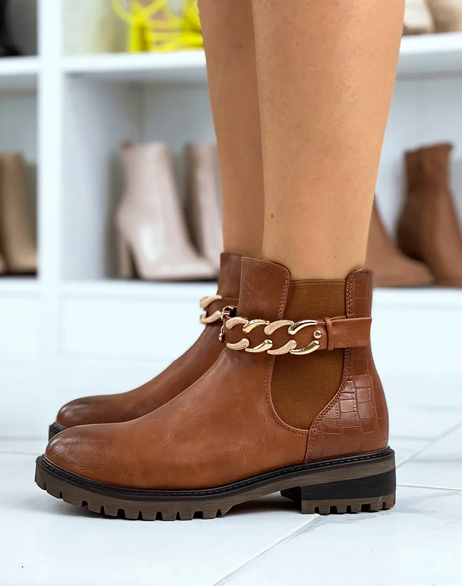 Low Camel Ankle Boots with Golden Detail and Croco Effect