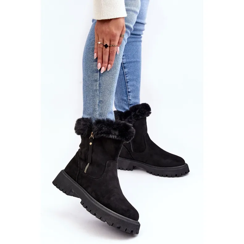 Bottines femme en daim avec fourrure noir Hasiva