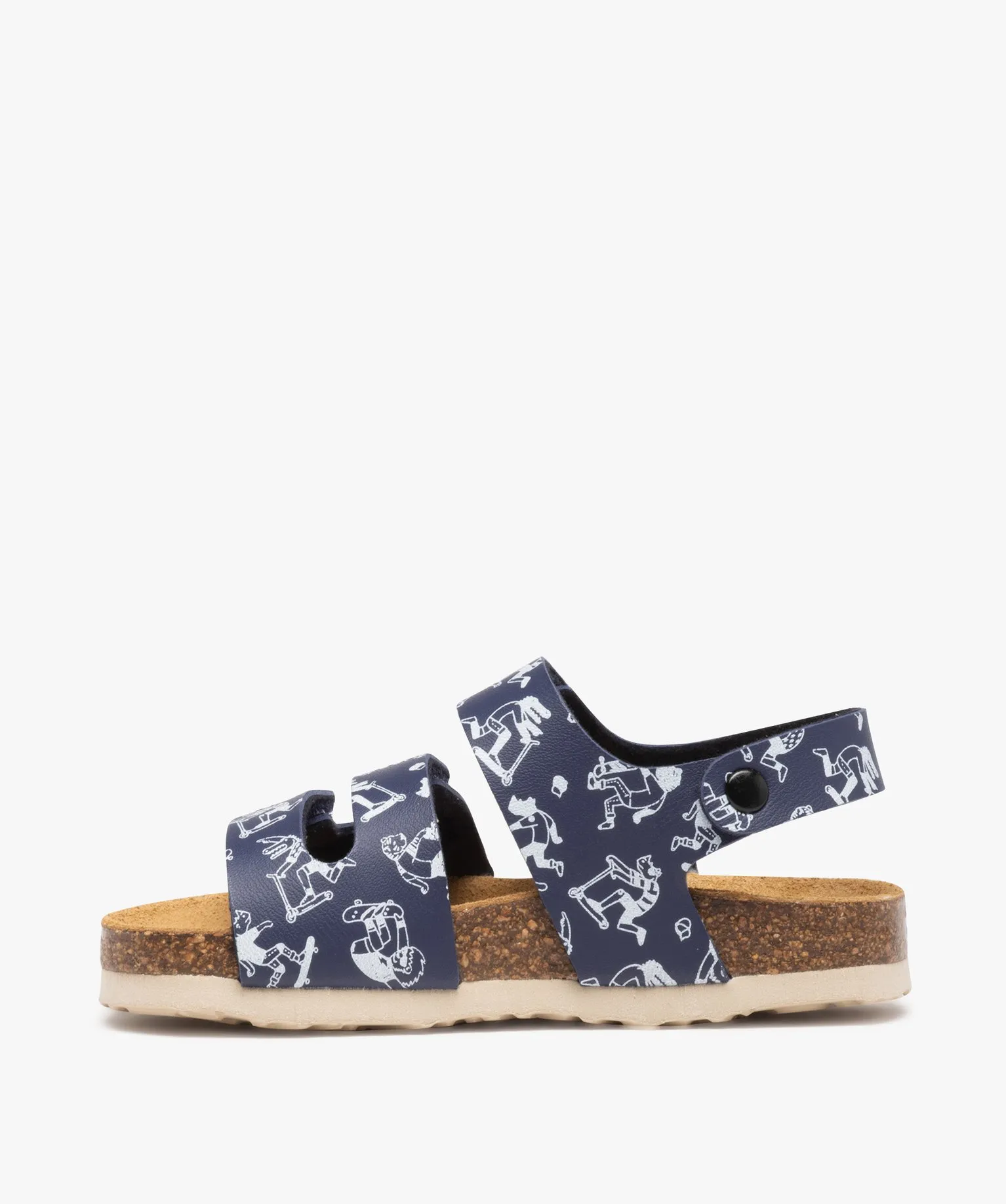 Boys' blue printed skate sandals with cork sole.