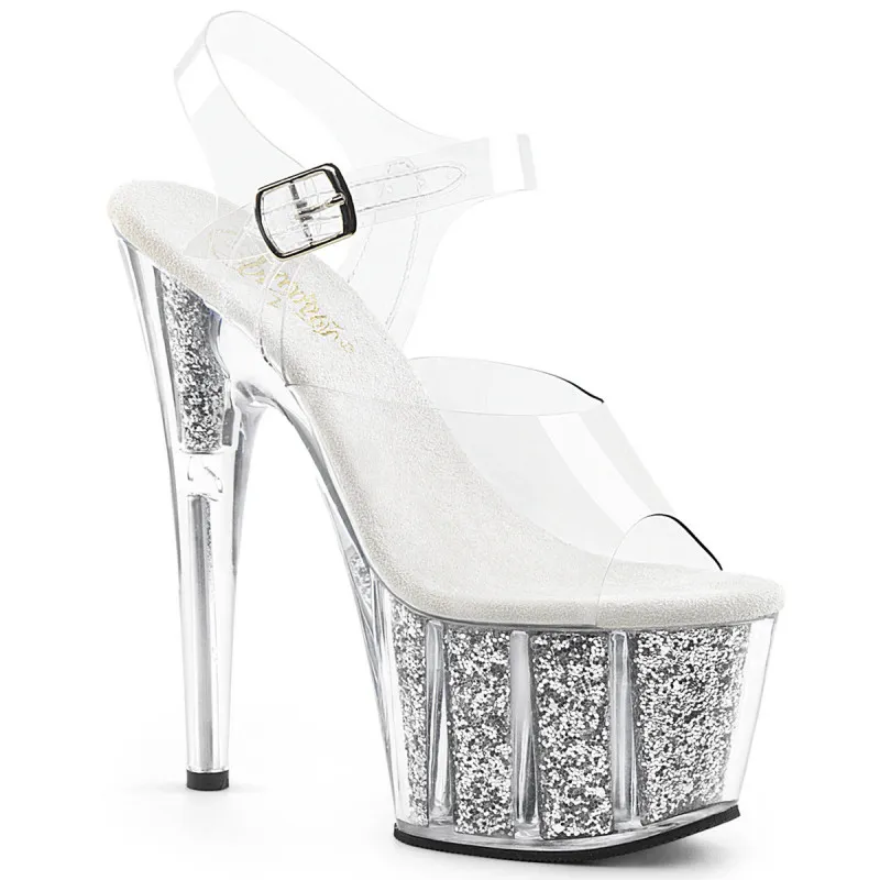 Transparent Pole Dance Shoes with Silver Glitter Platform