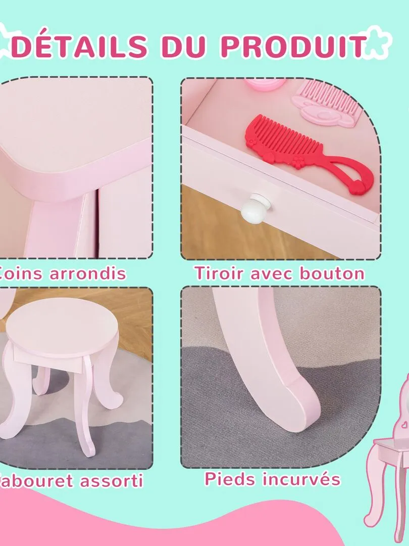 Coiffeuse enfant et tabouret design girly avec motifs à cœur rose - Rose