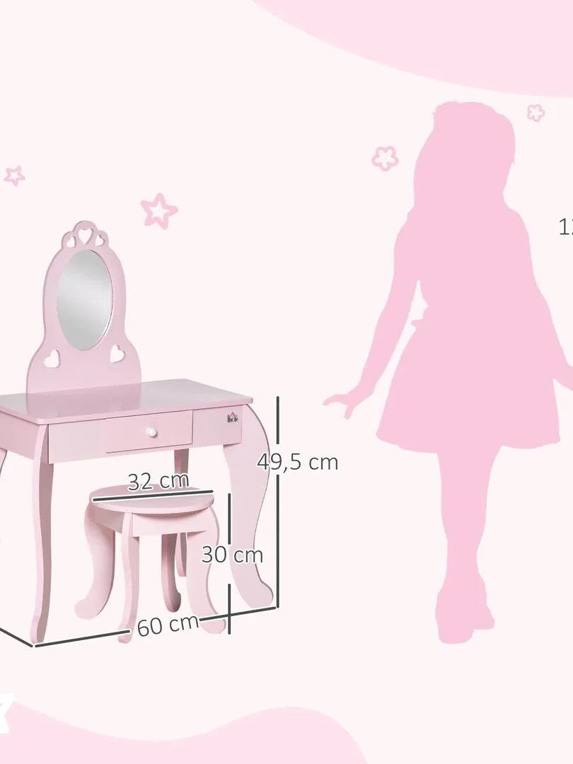 Coiffeuse enfant et tabouret design girly avec motifs à cœur rose - Rose