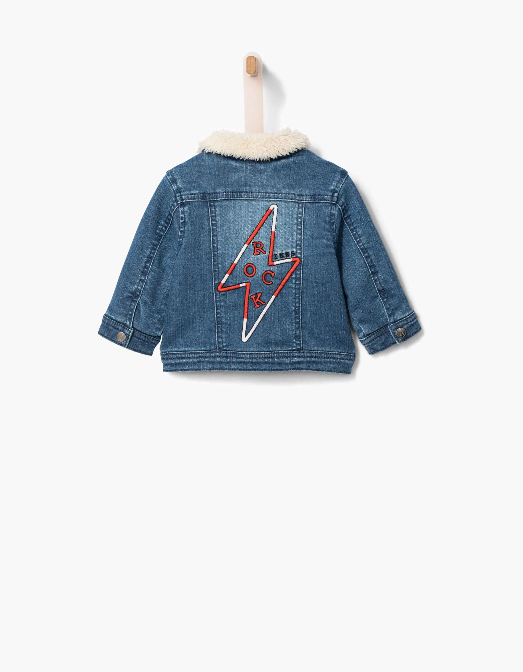 Denim jacket with sherpa collar and baby boy embroidery.