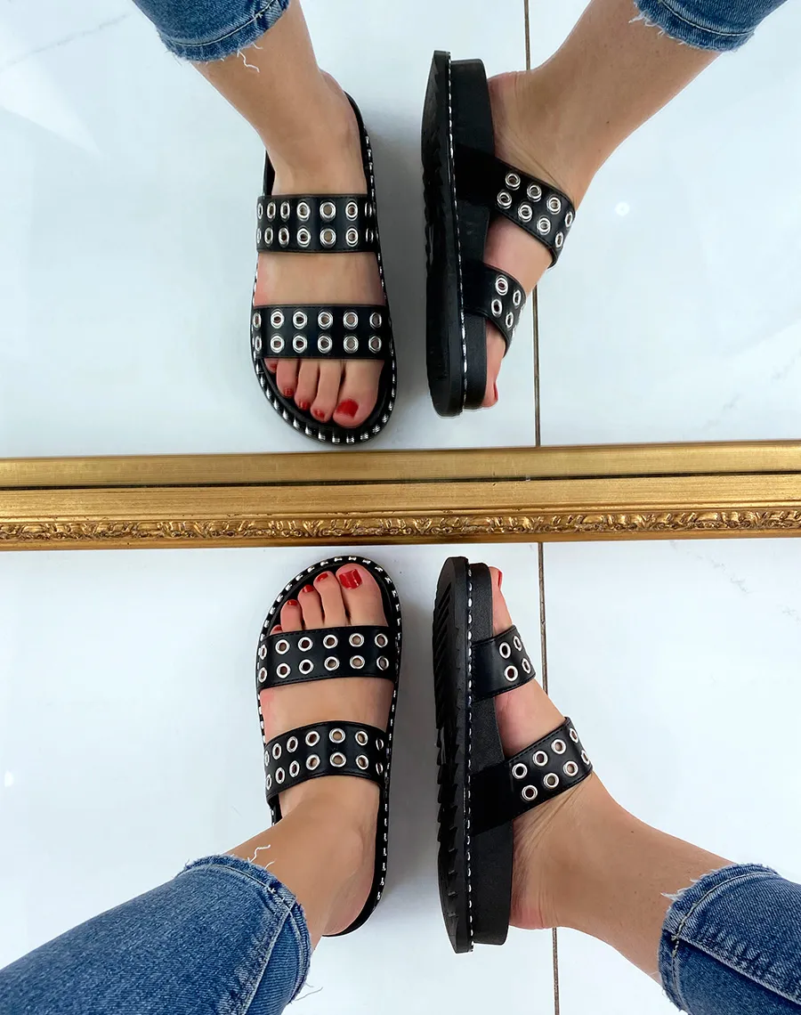 Double Strap Studded Black Sandals