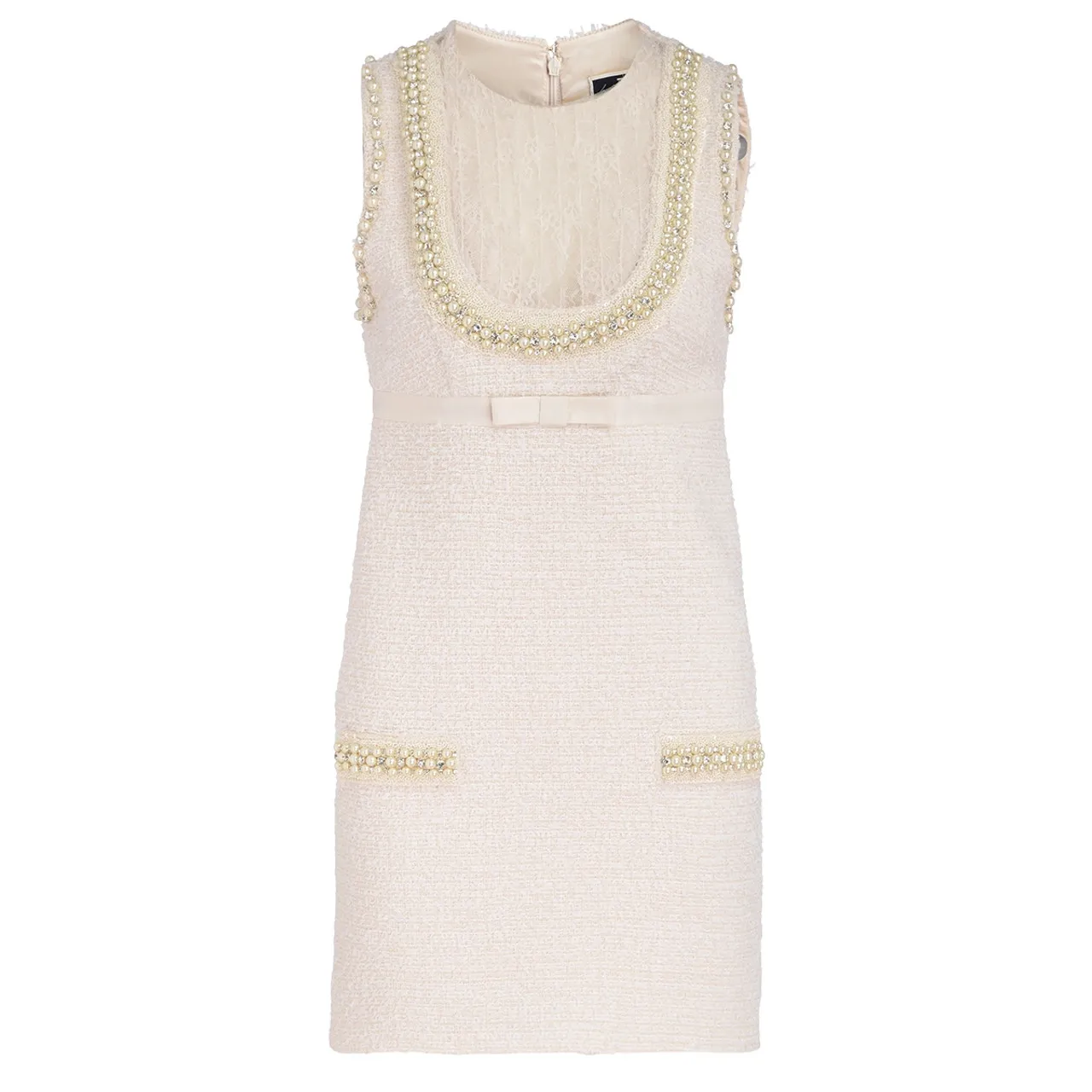 Elisabetta Franchi Mini robe couleur beurre avec dentelle et perles