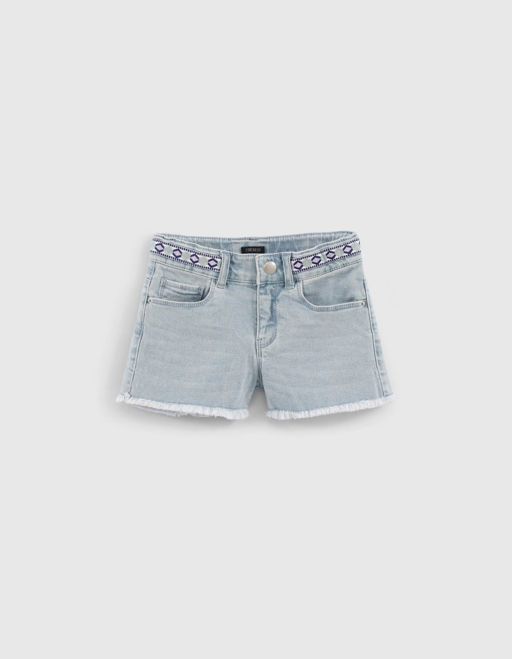 Organic cotton blue denim shorts with embroidered trim for girls