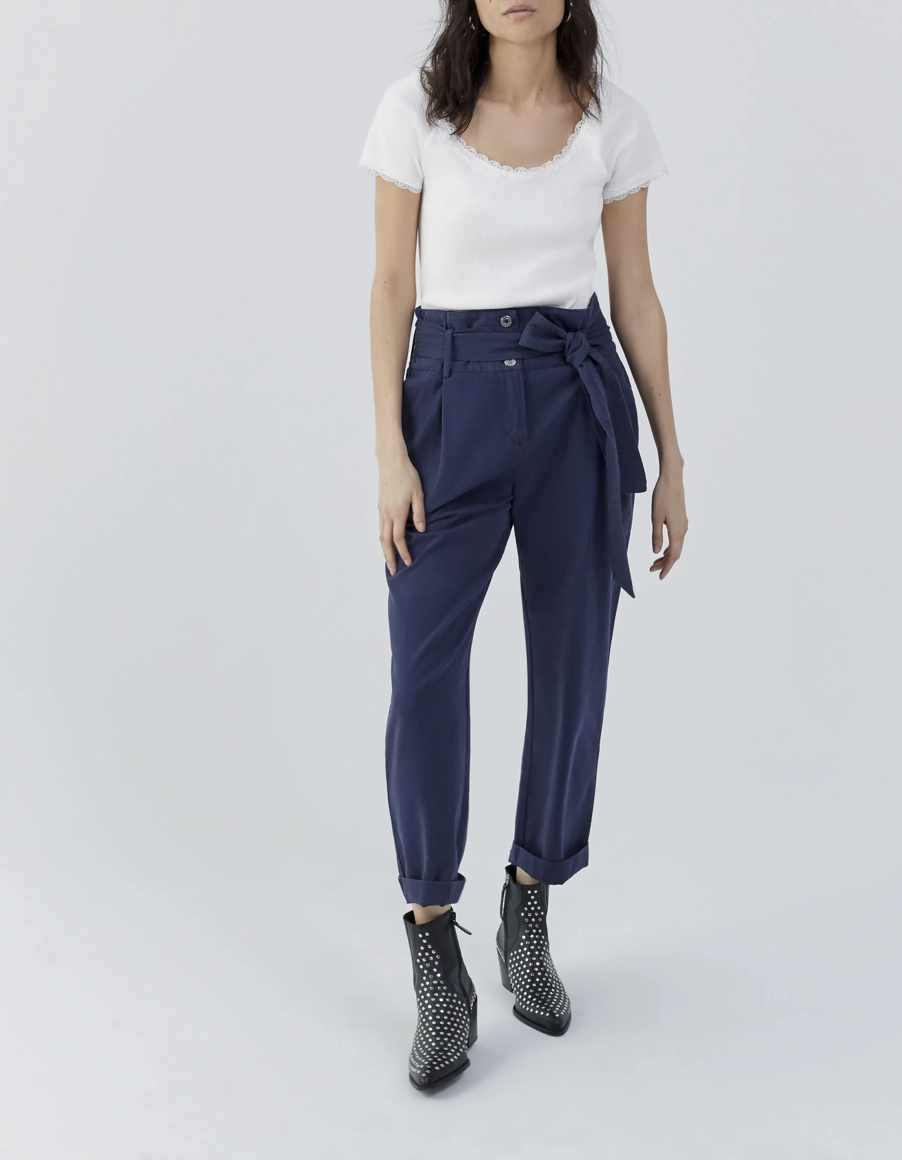 Wide Leg Navy Pants with Removable Belt for Women