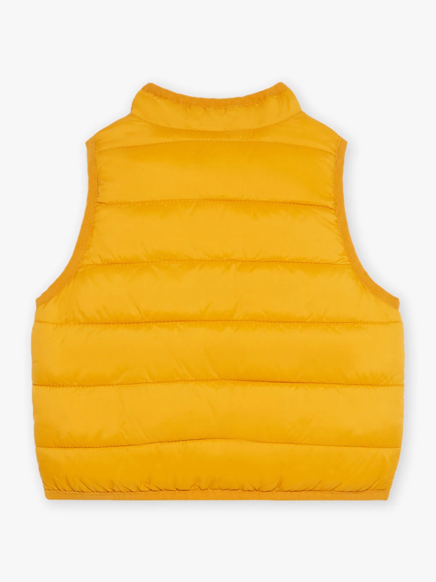 Reversible yellow amber sleeveless puffer coat