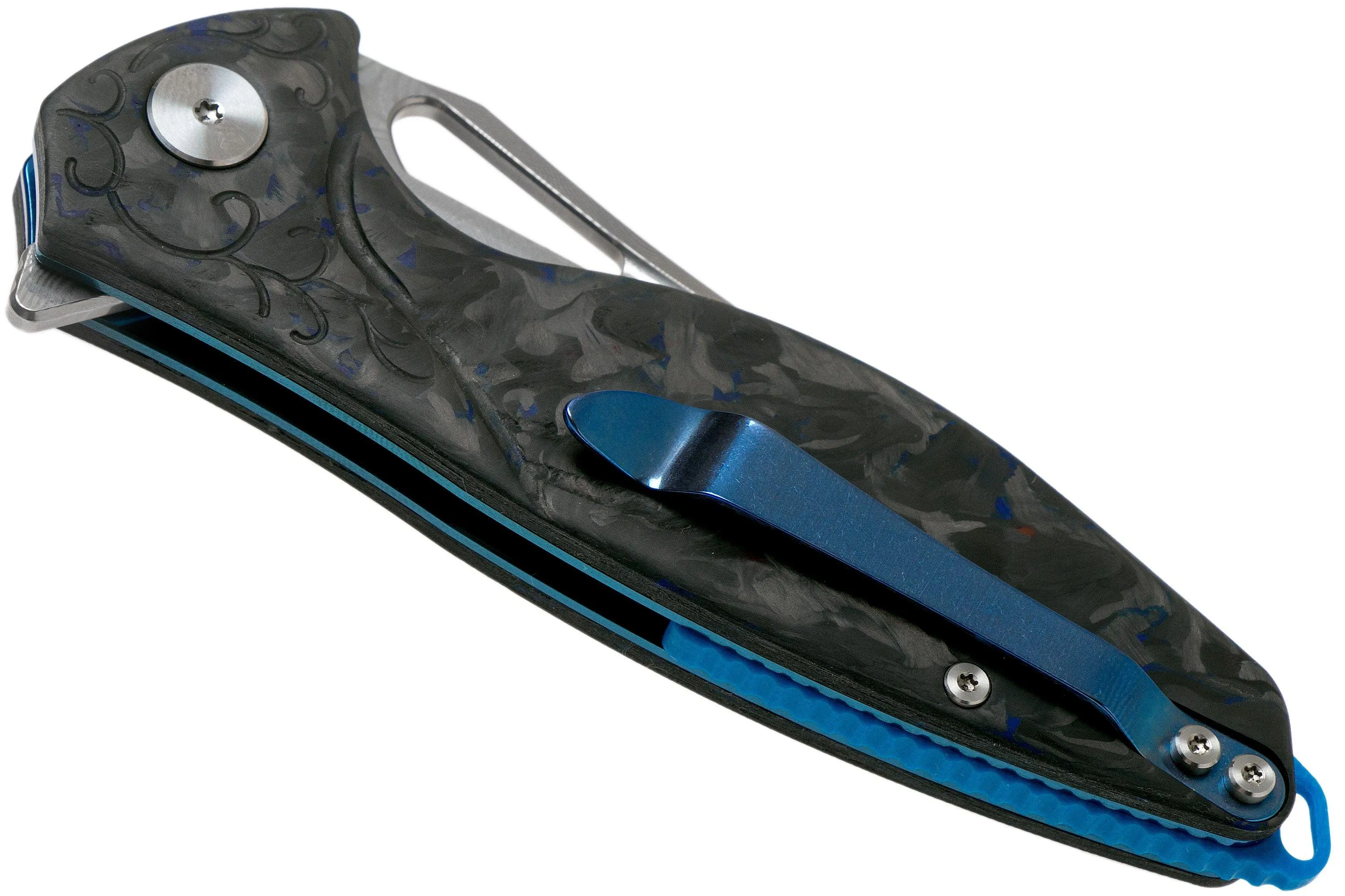 Rike Knife Hummingbird Plus Damasteel Carbonfiber Blue couteau de poche
