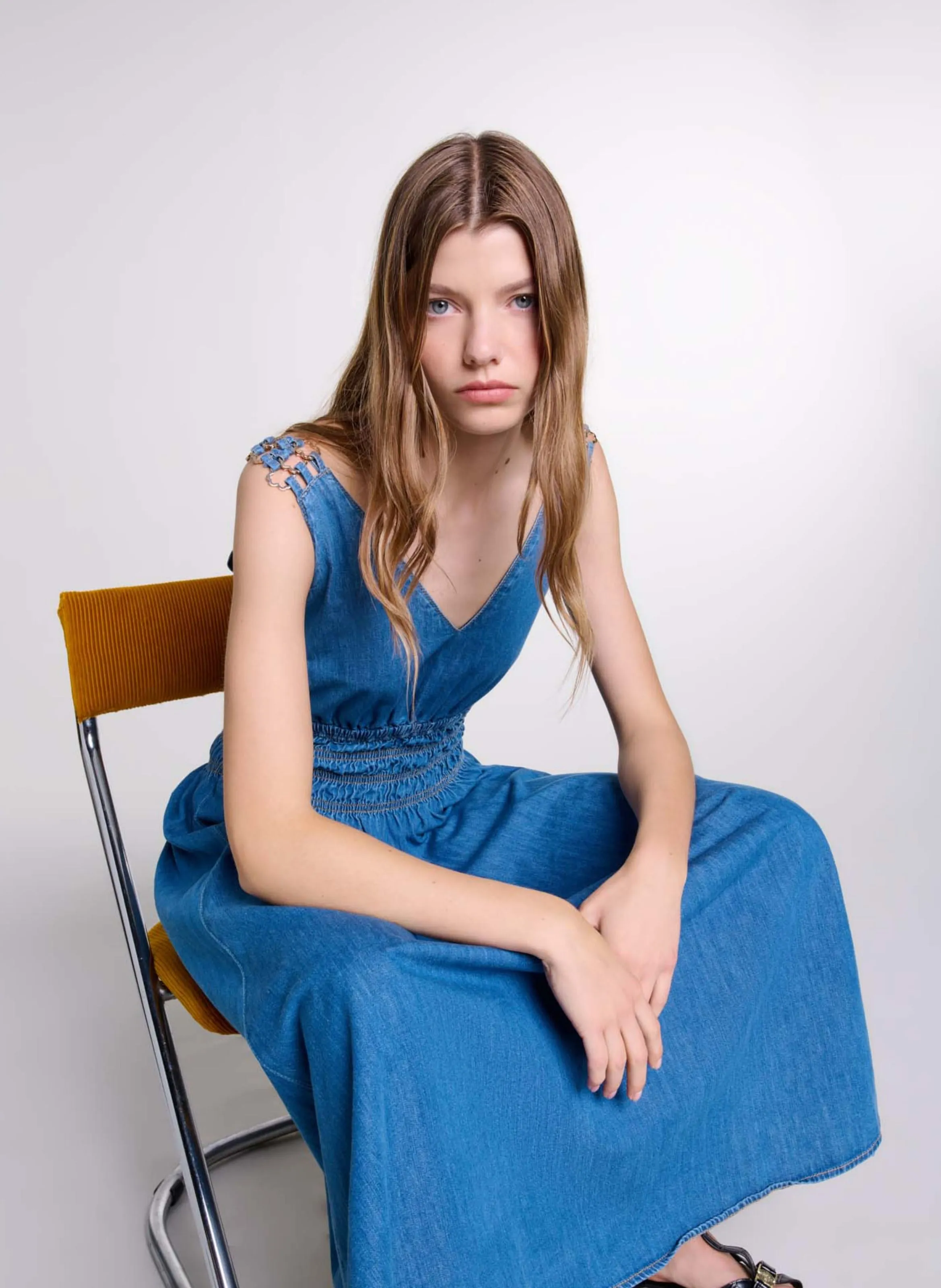 ROBE LONGUE AJOURéE EN DENIM - MAJE pour FEMME | Printemps