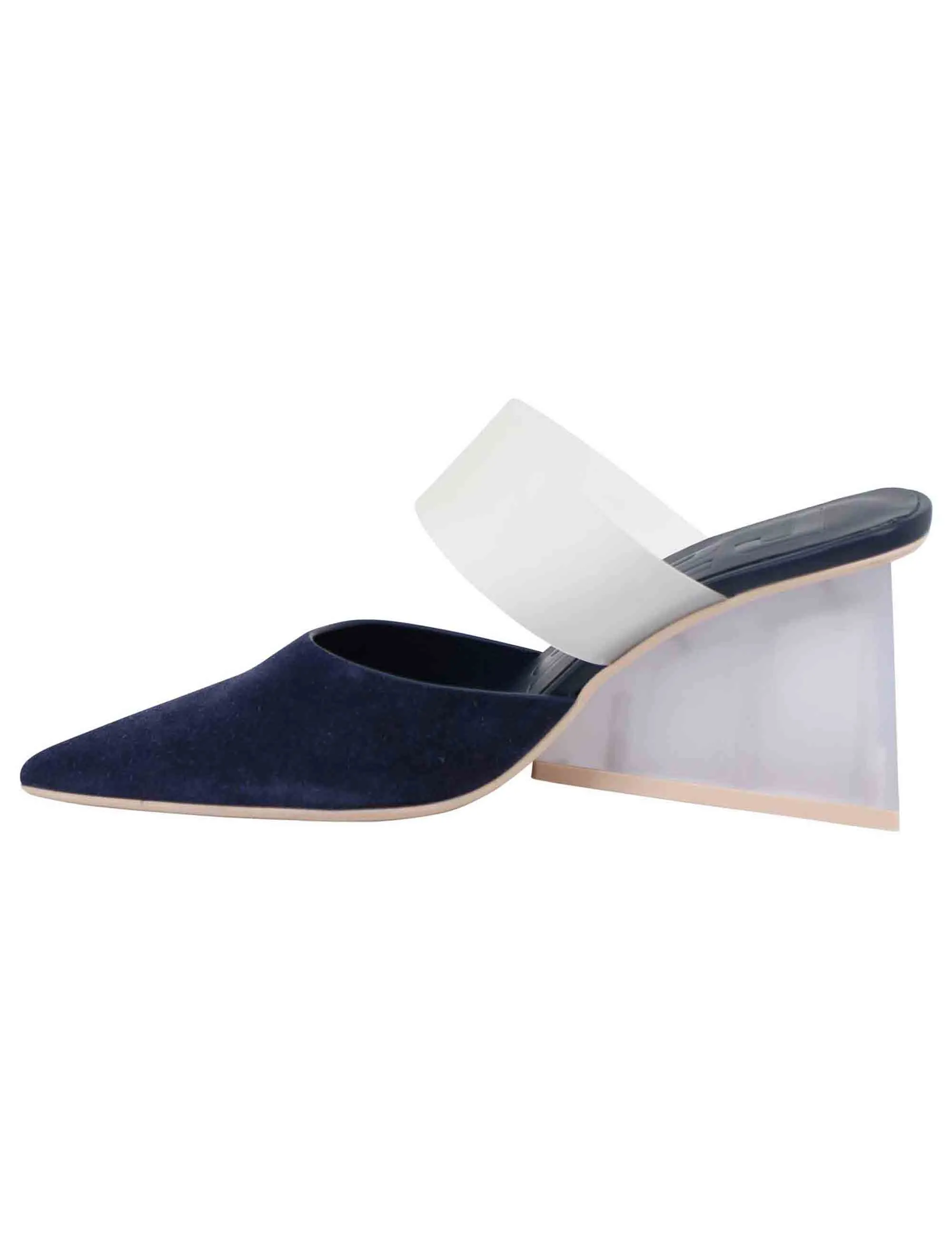 Blue suede high heel pumps with pointed toe.