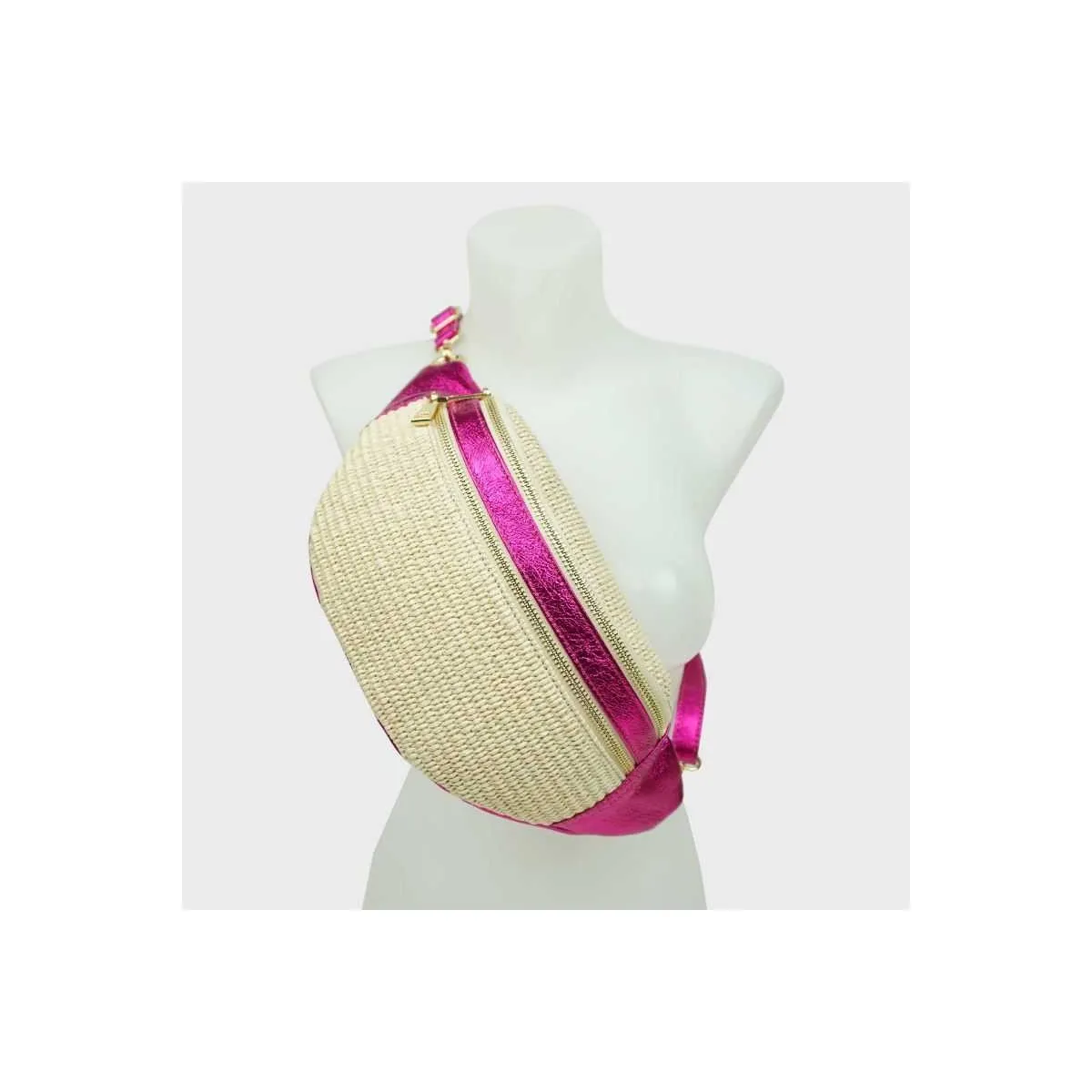 Sac banane en raphia garni cuir pour femme sur pecari