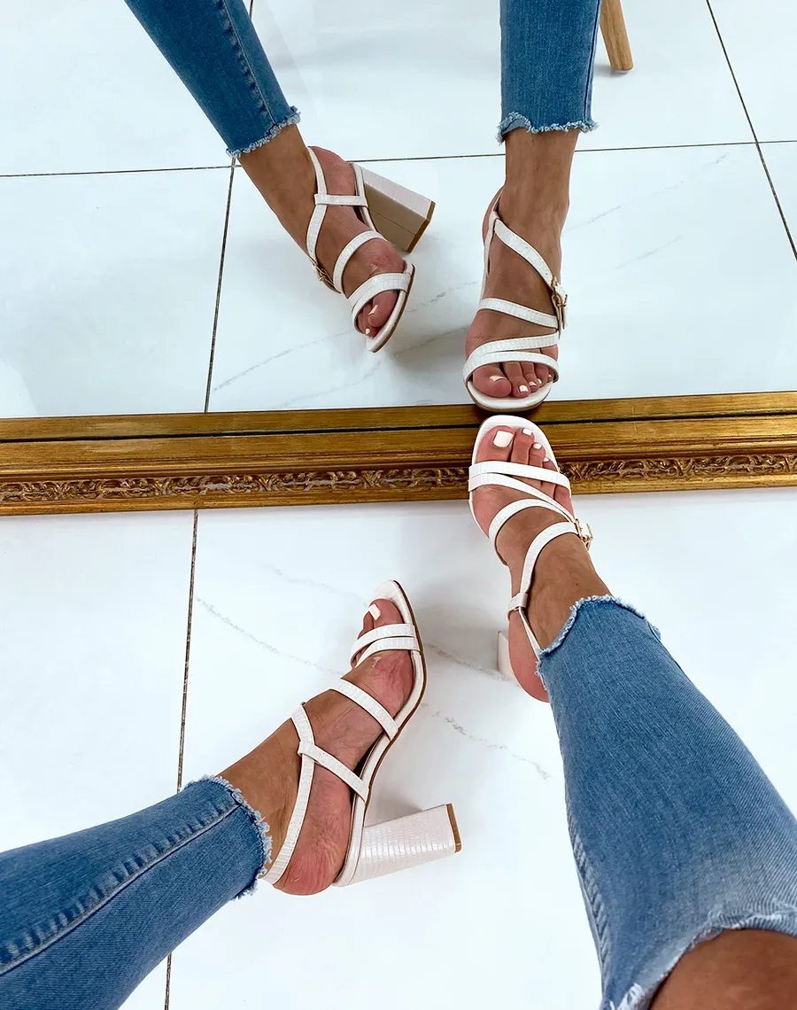 Beige Crocodile Print Strappy Sandals
