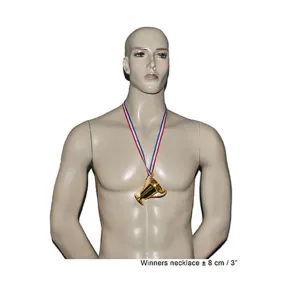 Trophy-shaped medal with white, blue, and red tricolor ribbon.