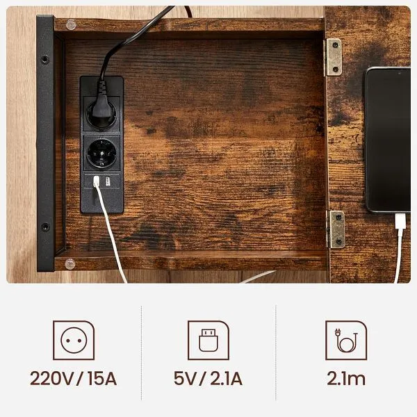 VASAGLE table d&#039;appoint avec prise et ports USB vintage marron-noir LET311B01 acheter à bas prix 
