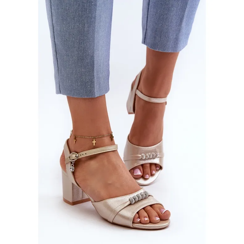 Vinceza Eco-friendly Leather Women's High Heel Sandals with Gold Narhi Decorations