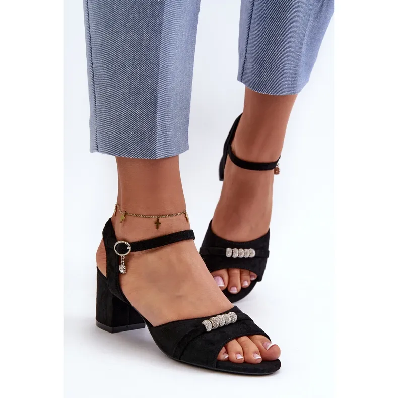 Vinceza Eco-friendly Suede Women's High Heel Sandals with Black Narhi Decoration