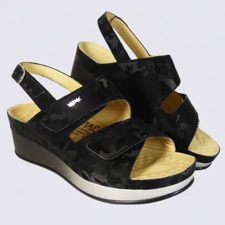 Vital black leather women's wedge sandals with camouflage pattern | Igert Shoe & Leather Goods