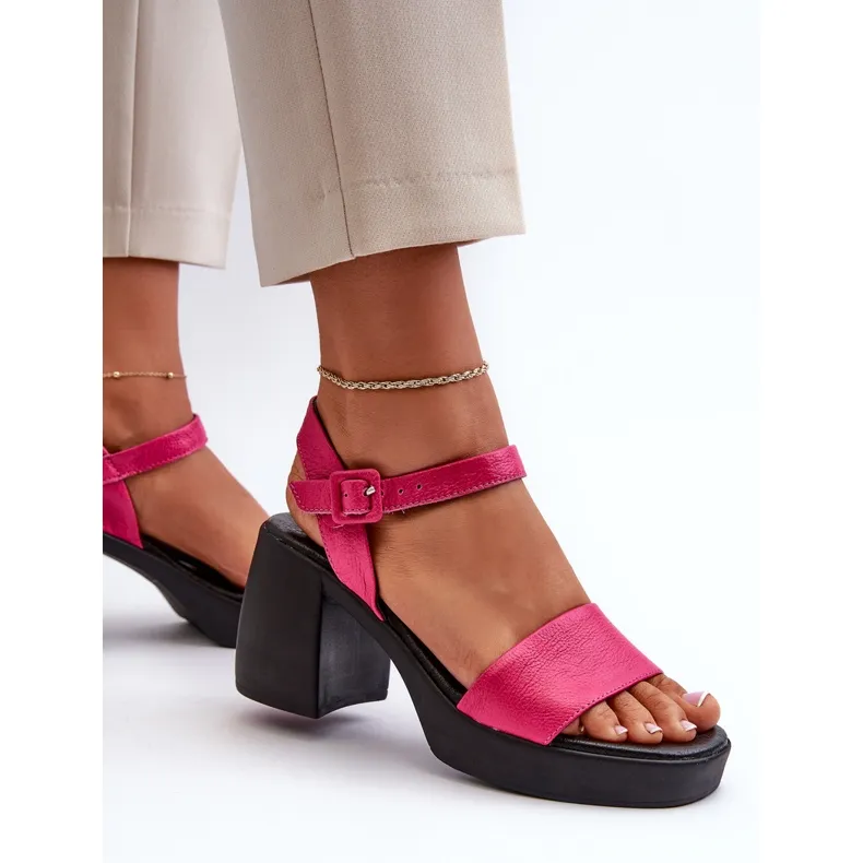 Fuchsia Pink Leather Block Sandals for Women by Zazoo